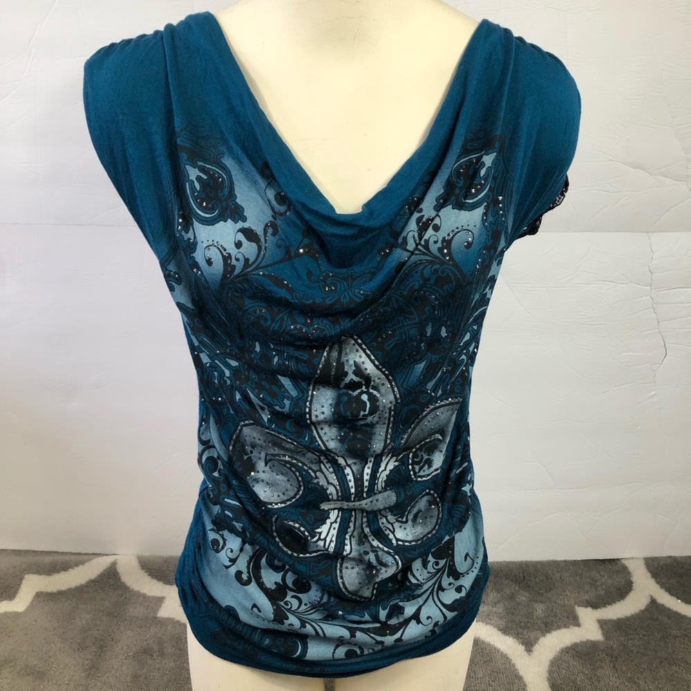 Avalon Shirt Womens Small Drape Neck Fleur De Lis Embellished Lace Back Rouche